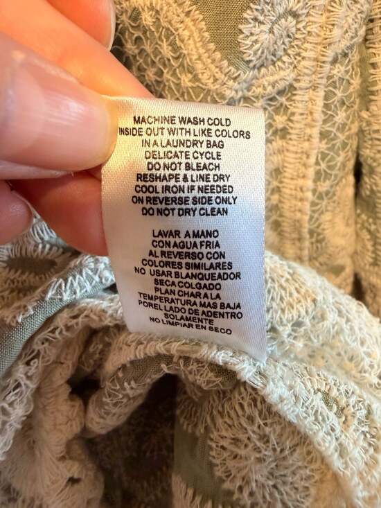 Democracy Sage Green Embroidered Crochet Lace Boho Blouse with Shoulder Slits - Picture 4 of 5